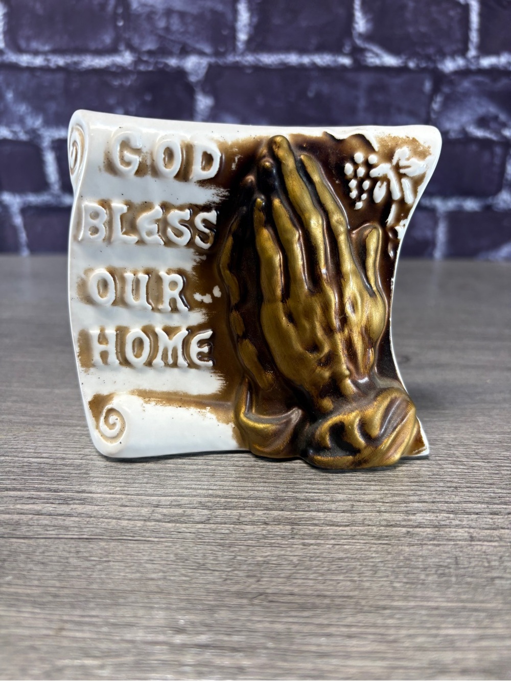 Vintage Ceramic 'God Bless Our Home' Napkin Holder Praying Hands